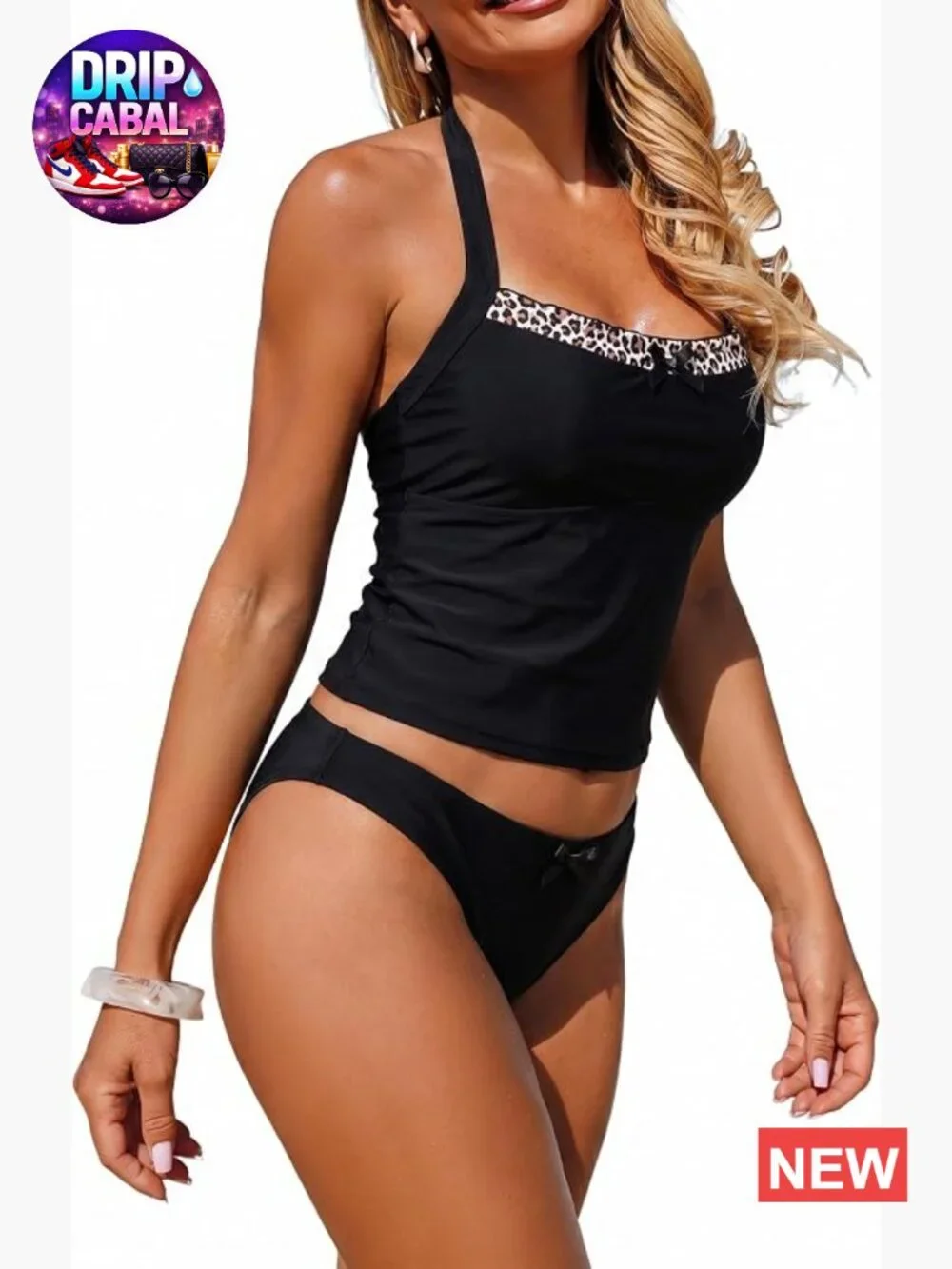 Halter Tummy Control Tankini Set with Bowknot Ruffled Neckline High Waisted Two
